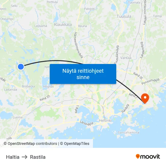 Haltia to Rastila map