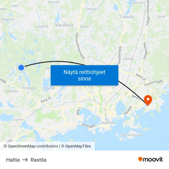 Haltia to Rastila map