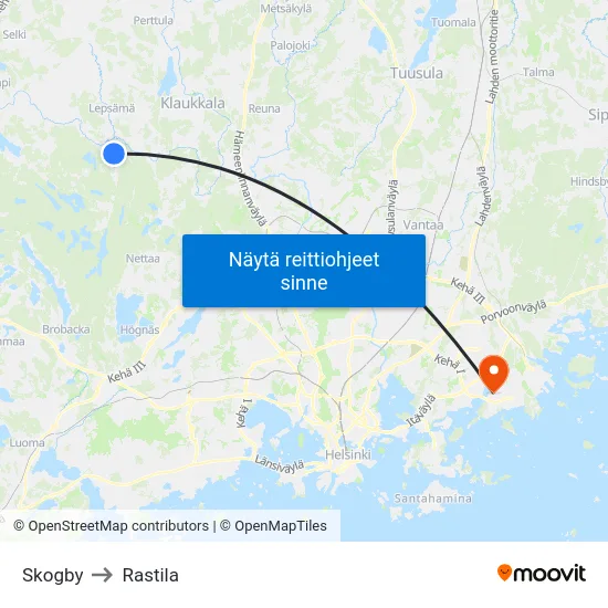 Skogby to Rastila map