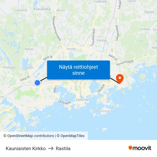 Kauniaisten Kirkko to Rastila map
