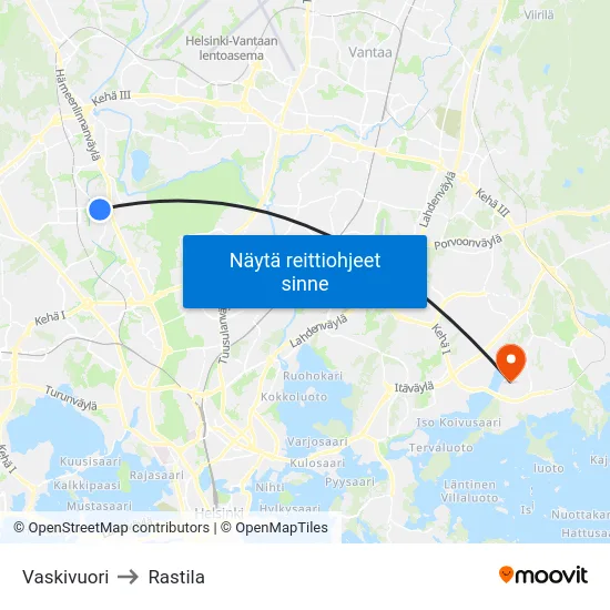 Vaskivuori to Rastila map
