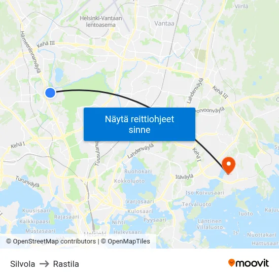 Silvola to Rastila map