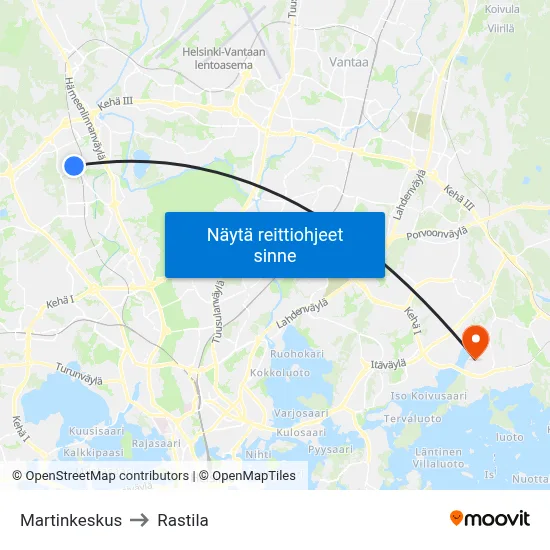 Martinkeskus to Rastila map