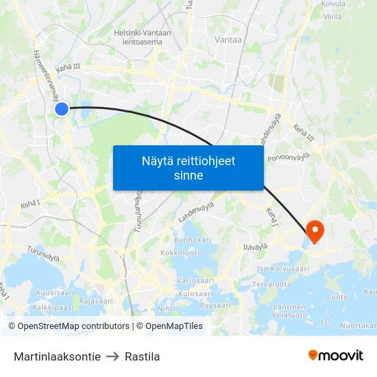 Martinlaaksontie to Rastila map