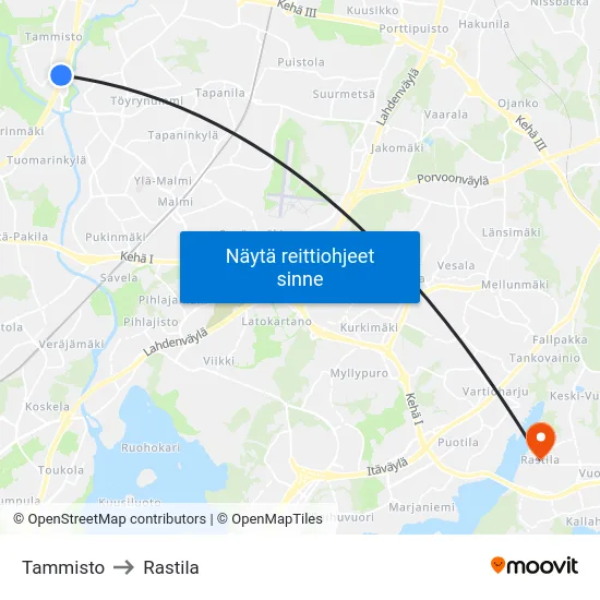 Tammisto to Rastila map
