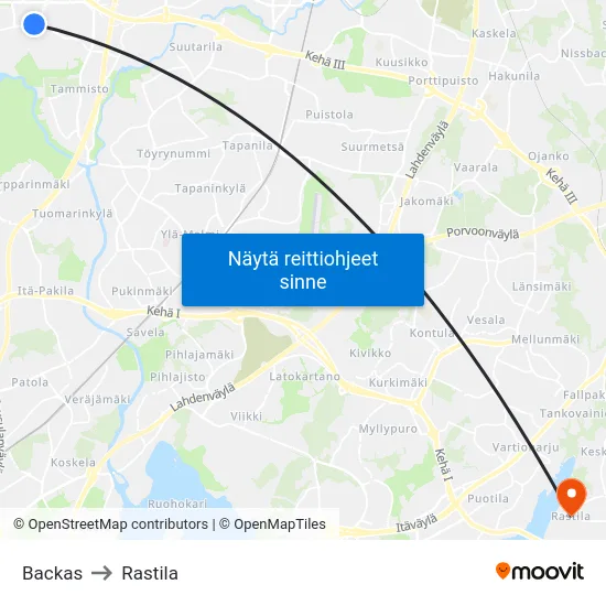 Backas to Rastila map