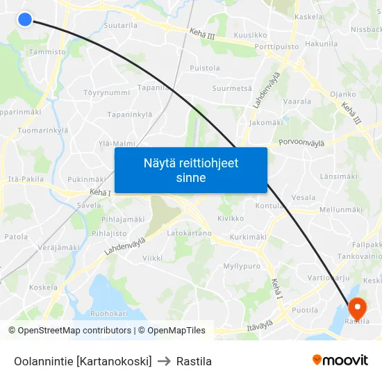 Oolannintie [Kartanokoski] to Rastila map