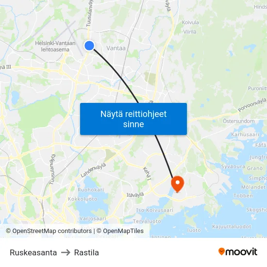 Ruskeasanta to Rastila map