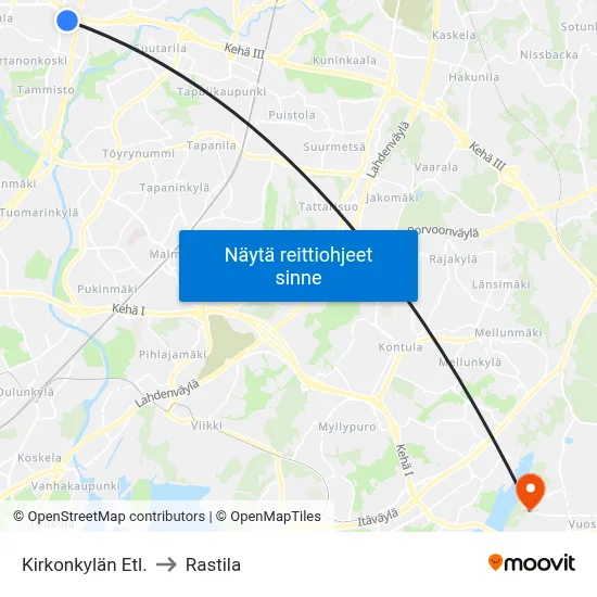 Kirkonkylän Etl. to Rastila map