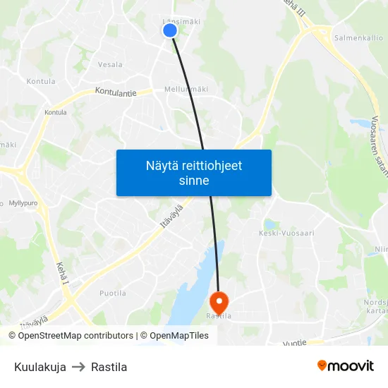 Kuulakuja to Rastila map