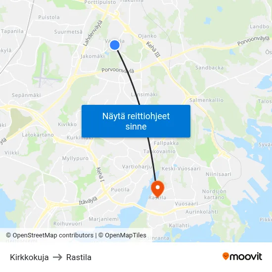 Kirkkokuja to Rastila map