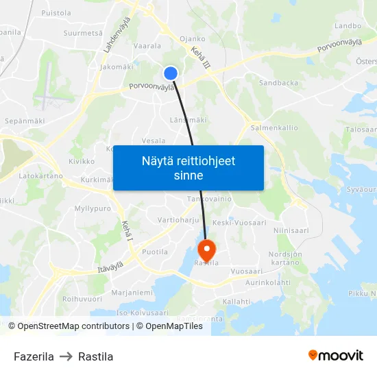 Fazerila to Rastila map