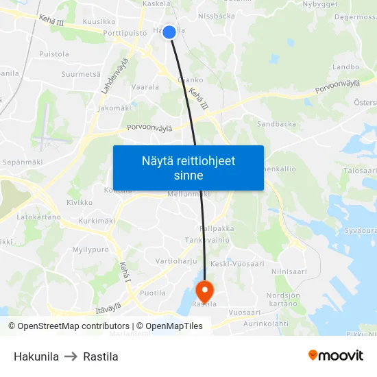 Hakunila to Rastila map