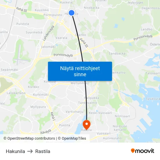 Hakunila to Rastila map