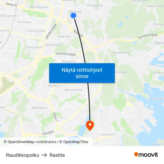 Raudikkopolku to Rastila map