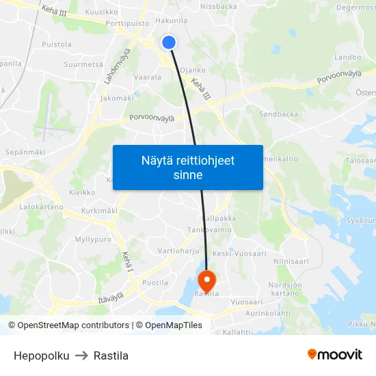Hepopolku to Rastila map