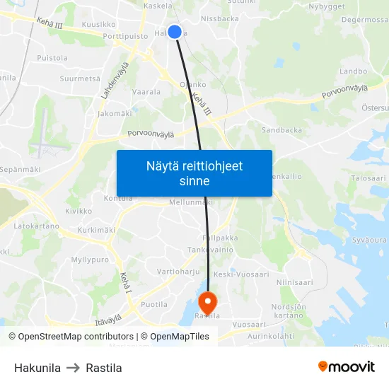 Hakunila to Rastila map