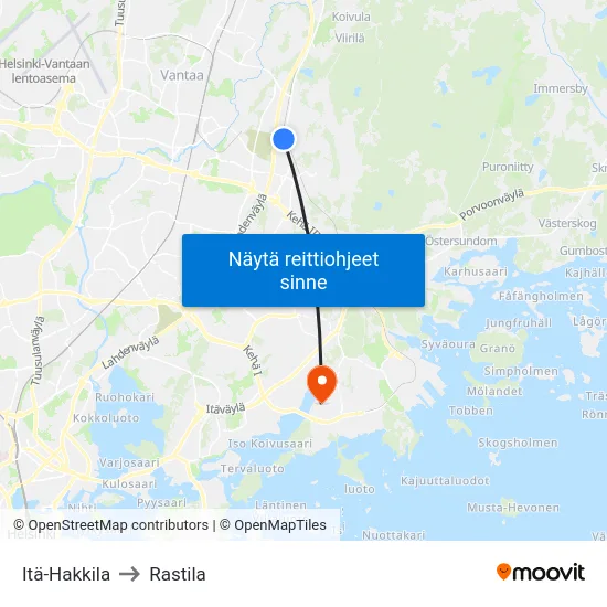 Itä-Hakkila to Rastila map