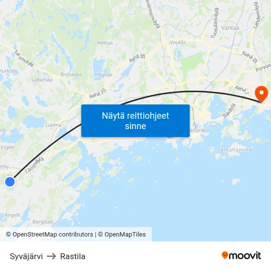 Syväjärvi to Rastila map
