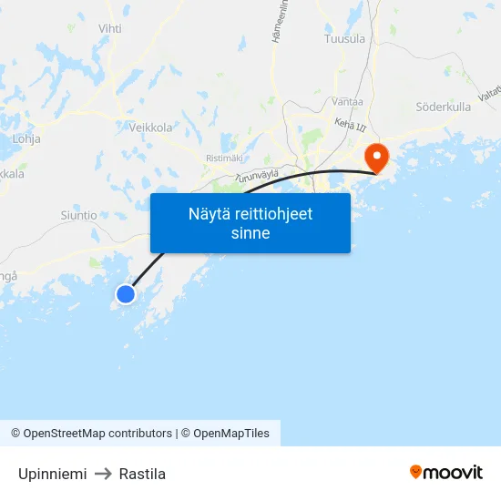 Upinniemi to Rastila map