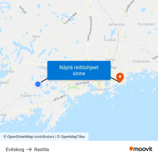 Evitskog to Rastila map