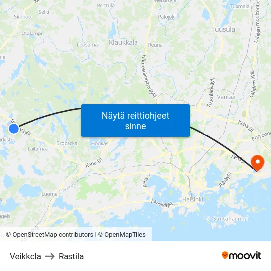 Veikkola to Rastila map
