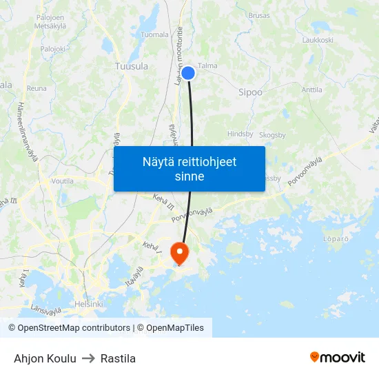 Ahjon Koulu to Rastila map