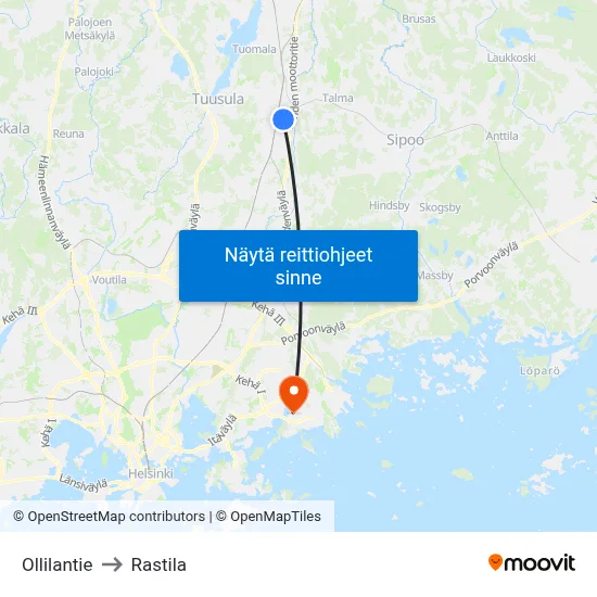 Ollilantie to Rastila map