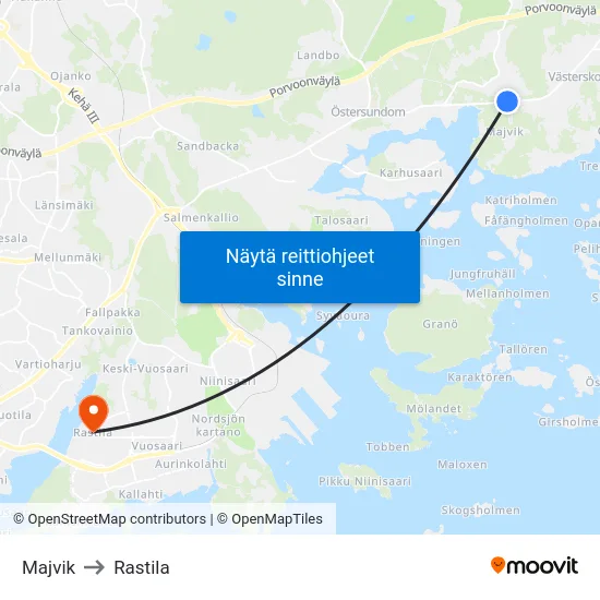 Majvik to Rastila map