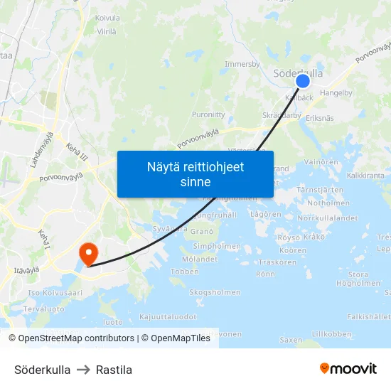 Söderkulla to Rastila map