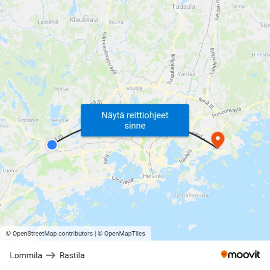 Lommila to Rastila map
