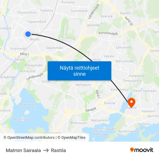 Malmin Sairaala to Rastila map