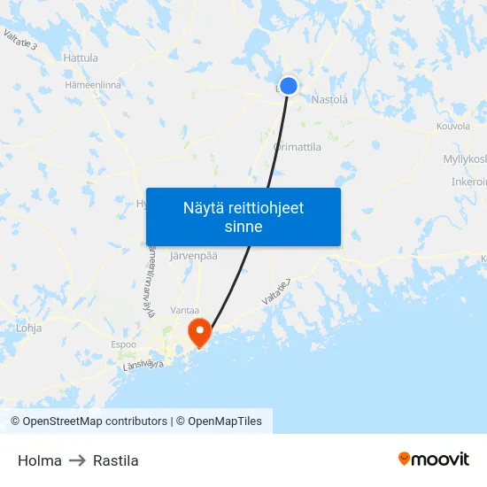 Holma to Rastila map