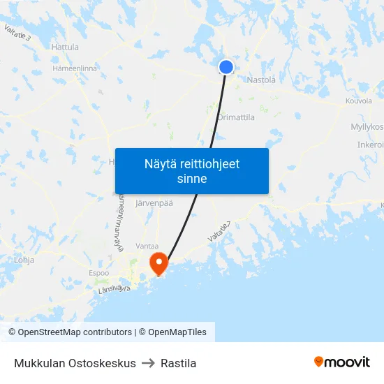 Mukkulan Ostoskeskus to Rastila map