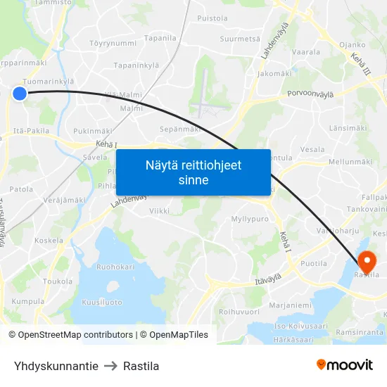 Yhdyskunnantie to Rastila map