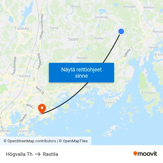 Högvalla Th to Rastila map