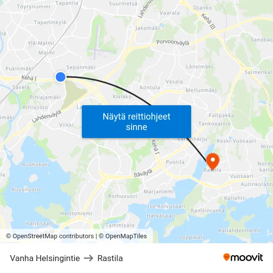 Vanha Helsingintie to Rastila map