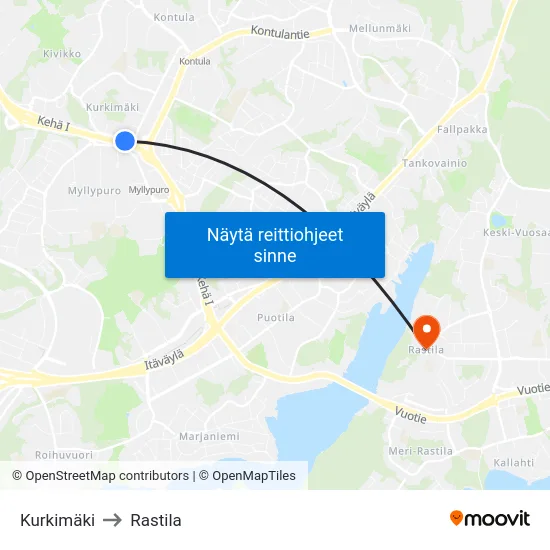 Kurkimäki to Rastila map