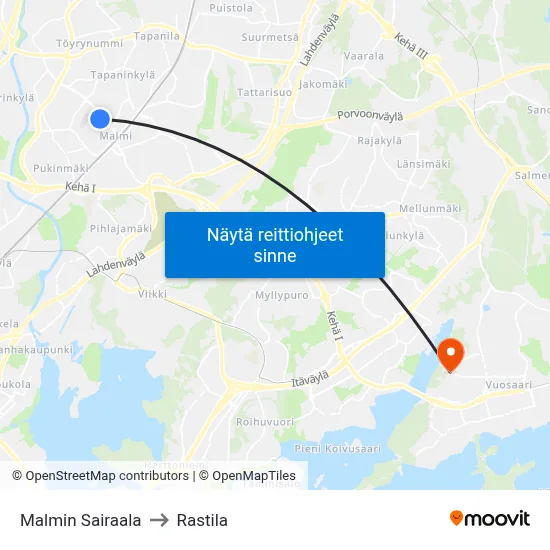 Malmin Sairaala to Rastila map
