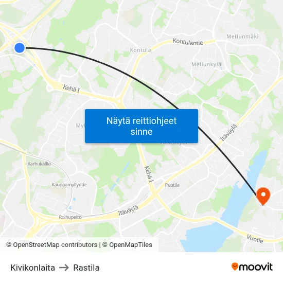 Kivikonlaita to Rastila map