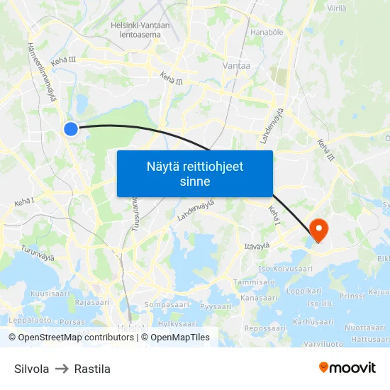 Silvola to Rastila map