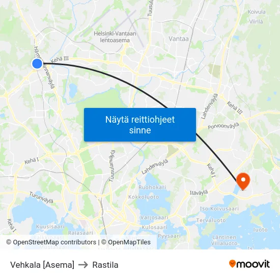 Vehkala [Asema] to Rastila map