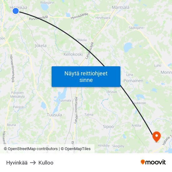 Hyvinkää to Kulloo map