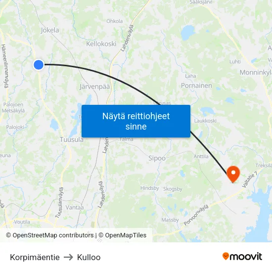 Korpimäentie to Kulloo map