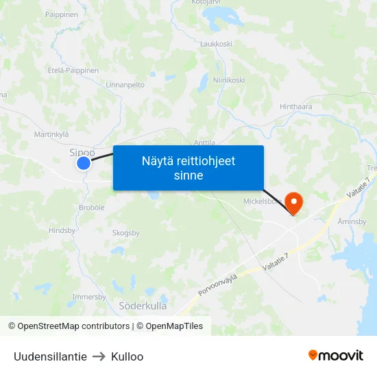Uudensillantie to Kulloo map