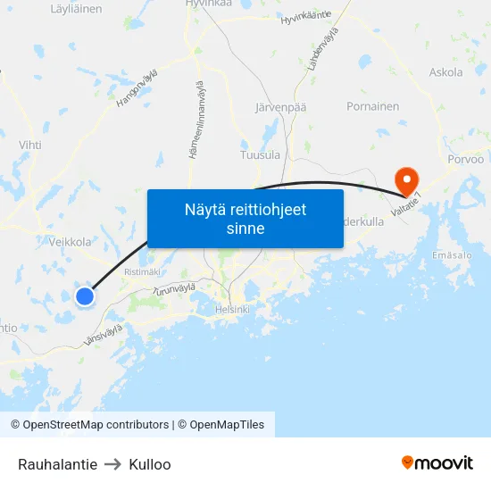 Rauhalantie to Kulloo map