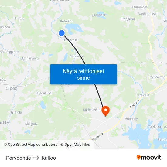 Porvoontie to Kulloo map