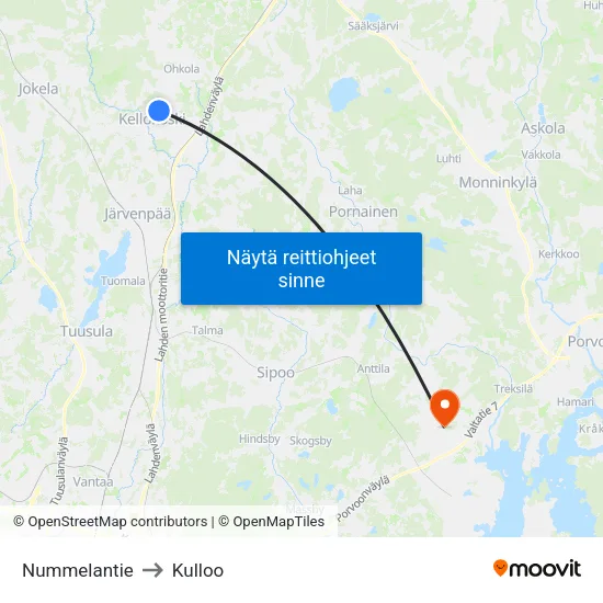 Nummelantie to Kulloo map