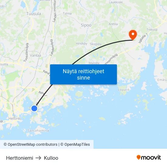 Herttoniemi to Kulloo map