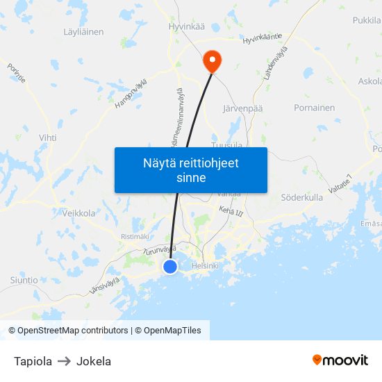 Tapiola to Jokela map